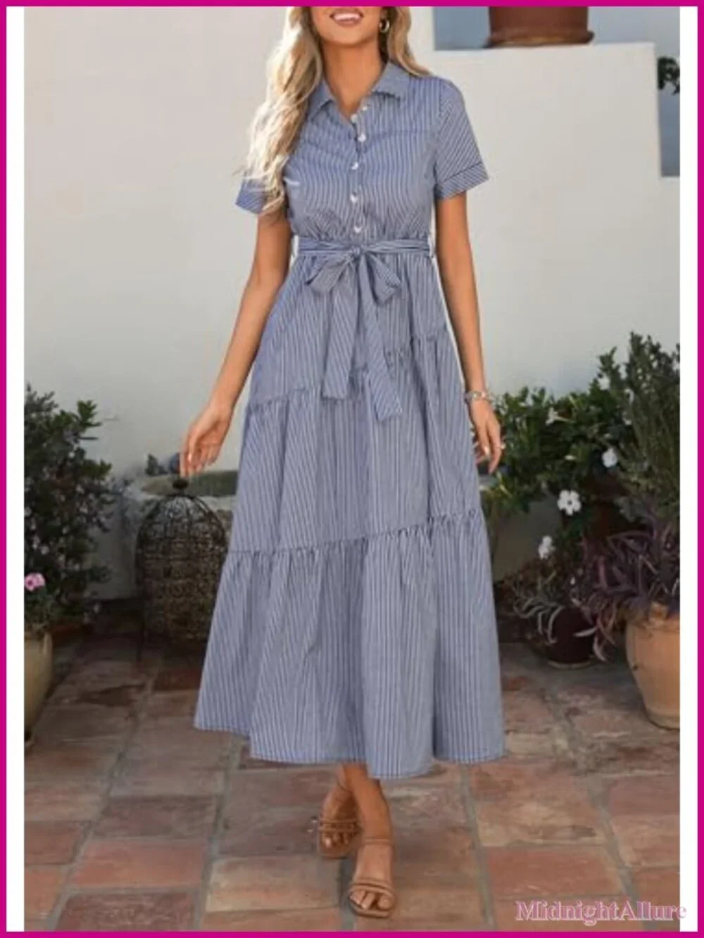 Women's Striped Button Up Maxi Shirt Dress with Belt | Short Sleeve Flowy
